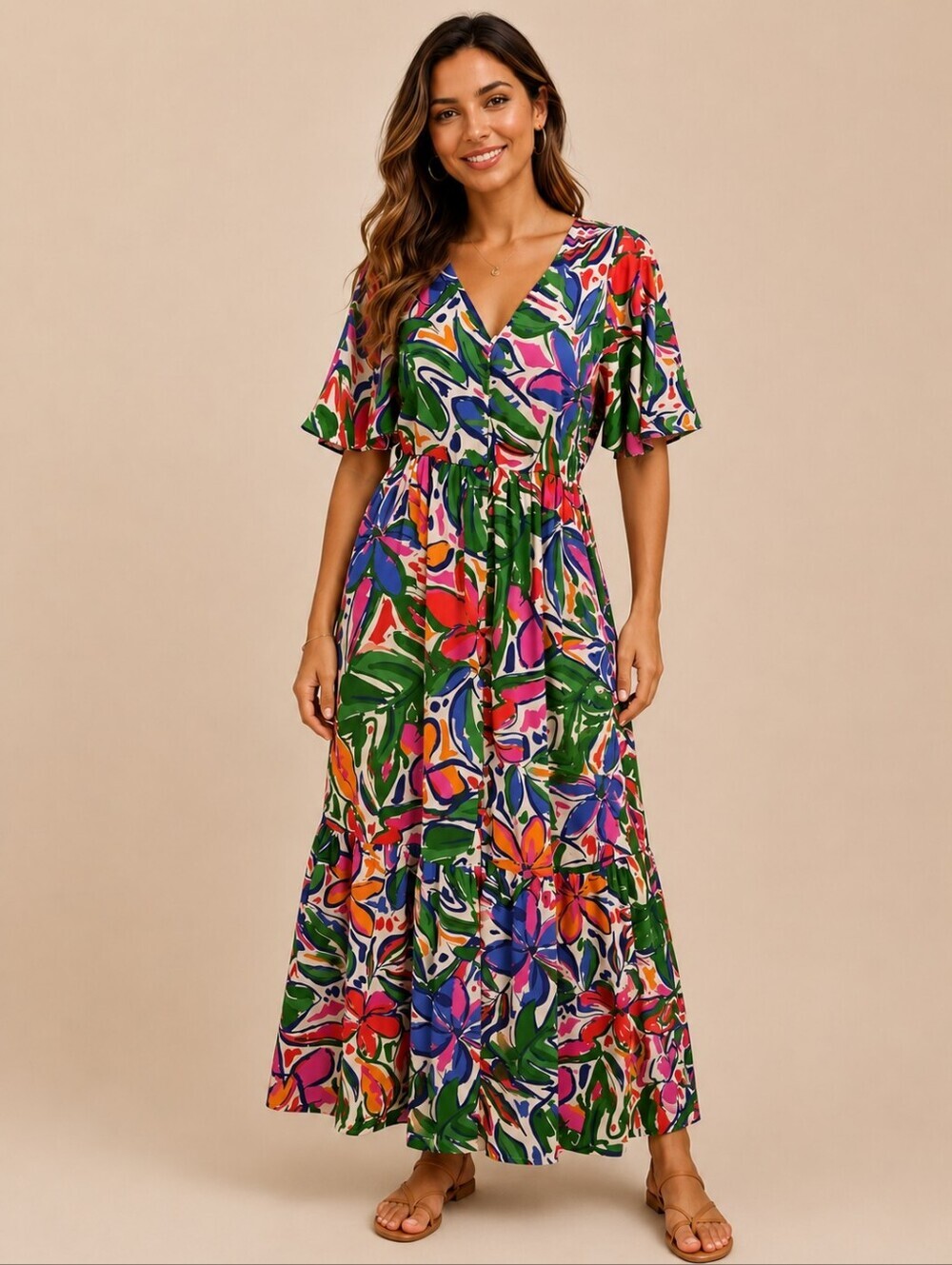 SUGARLIPS Paradise Falls Colorful  Tropical Floral V-Neck Resort Maxi Dress